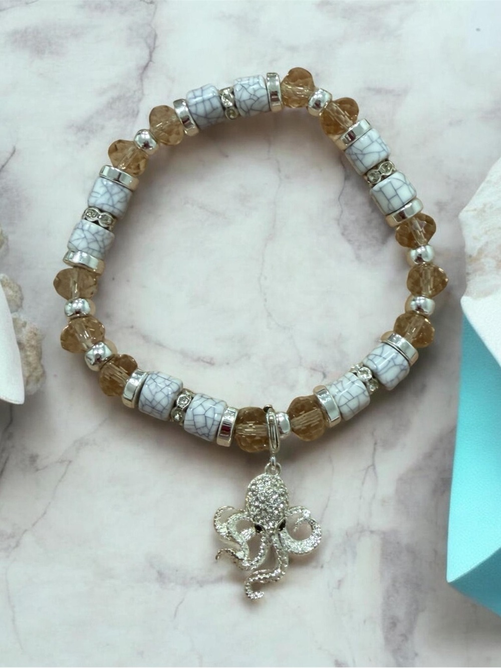 Silver Octopus Charm Stretch Bracelet with White Marble and Amber Beads